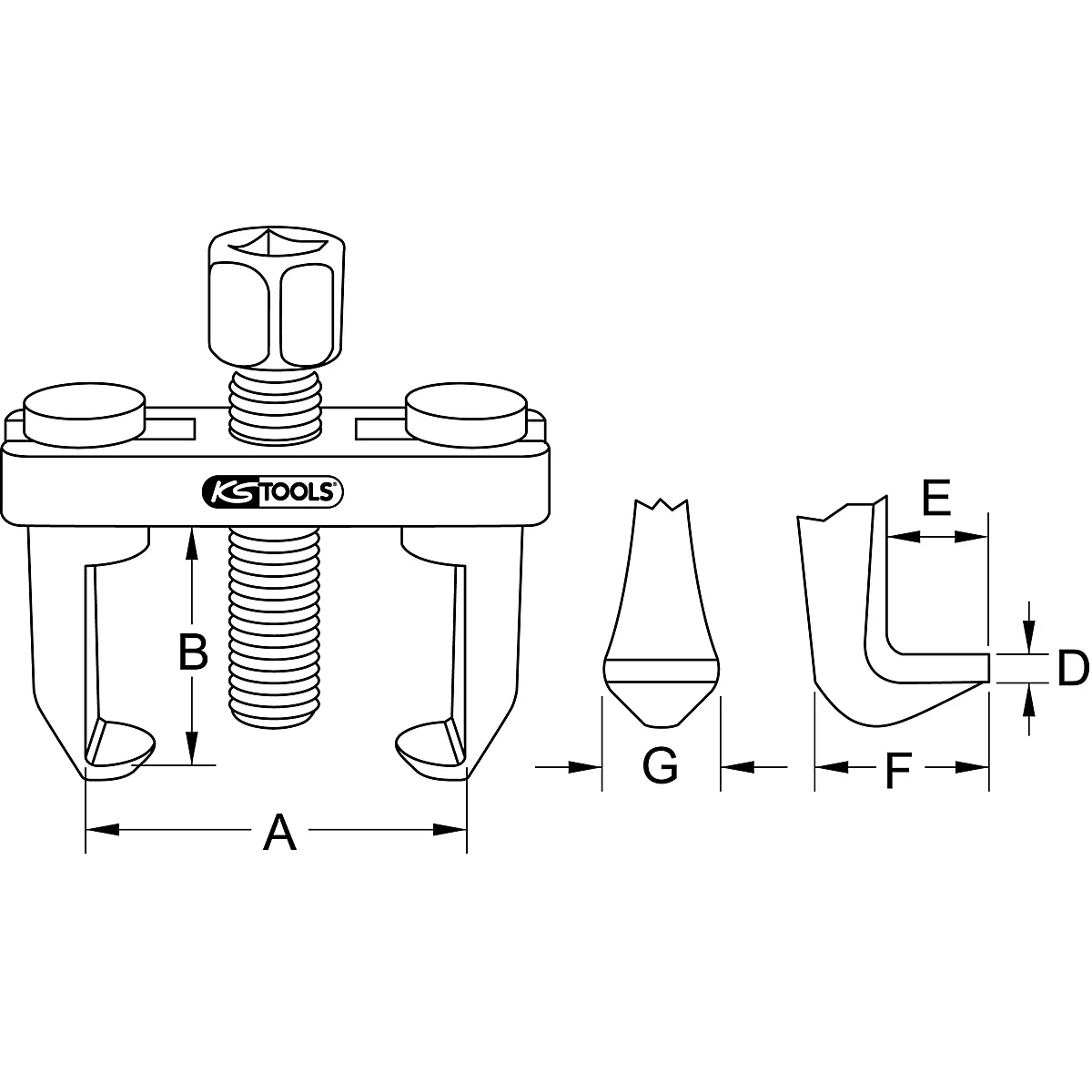 Zeichnung eines KS TOOLS Abziehers mit Maßangaben. Mittig ist eine Spindel, links und rechts Ausleger, oben zwei Knöpfe.